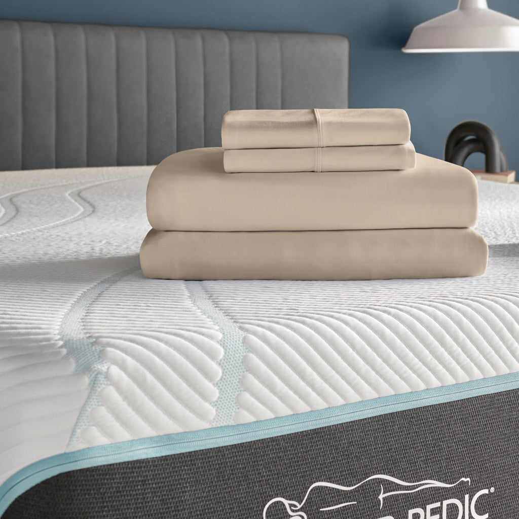 Tempur-Breeze°® Cooling Sheet Set, sandstone set on mattress